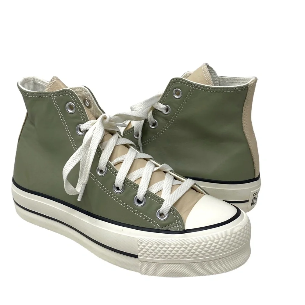 Converse Ctas Lift Platform Shoes Women Leather Green Beige Custom 568163C-WWGBG - Picture 4 of 10